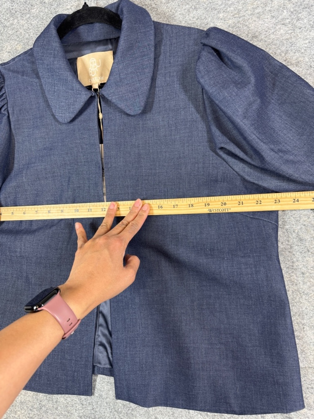 Culture Navy Short Swing Jacket Puff Sleeves XL Boho Minimalist Chic Career - Picture 10 of 14
